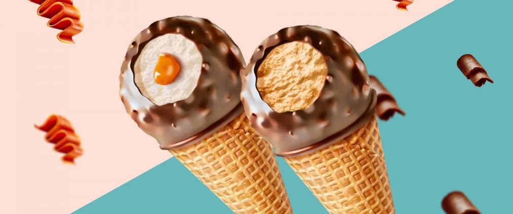 Two chocolate-dipped cones of ice cream .