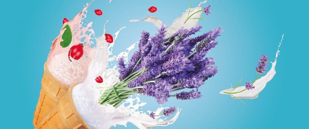 Two ice cream cones with a small bouquet of lavender.